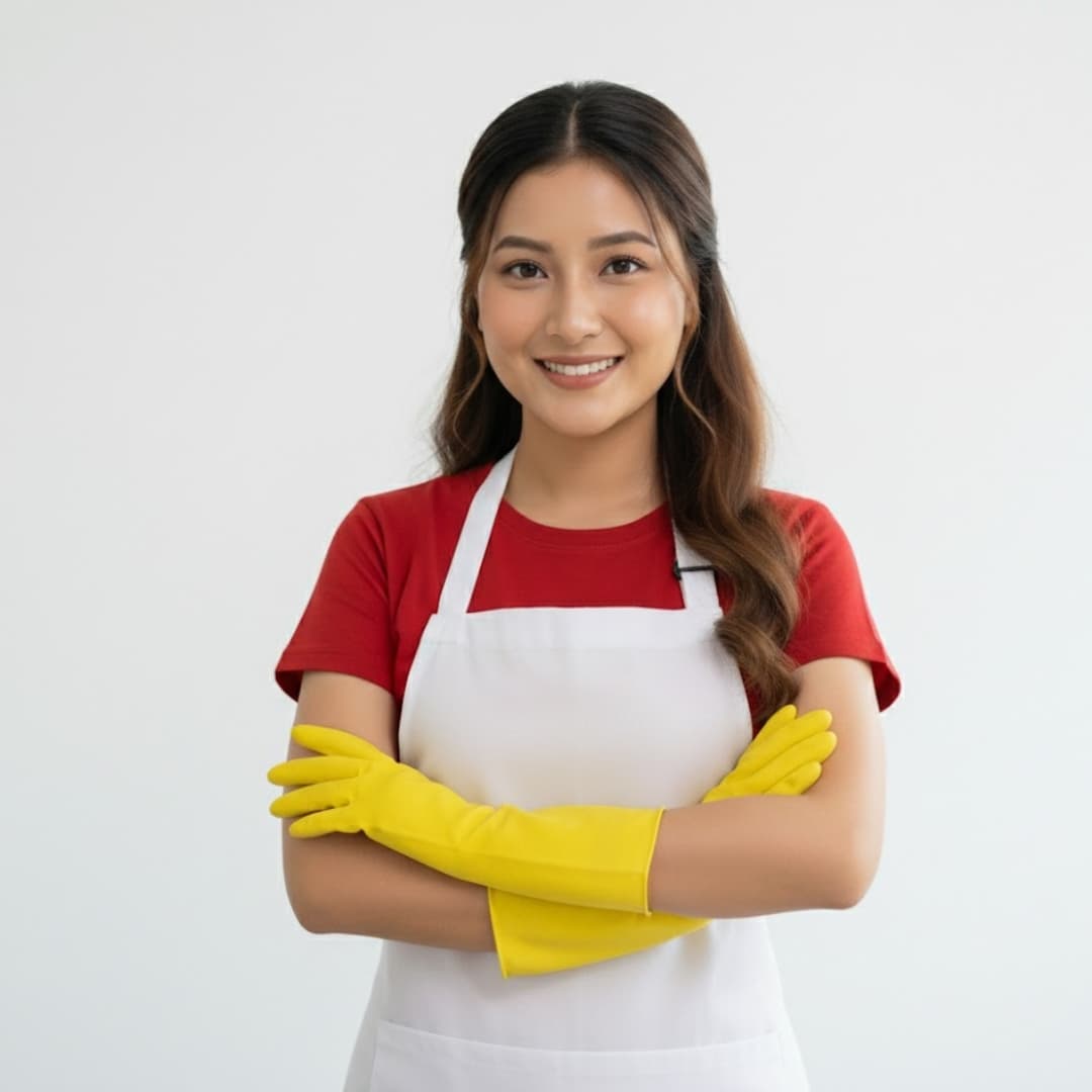 Professional cleaning service representative with cleaning supplies